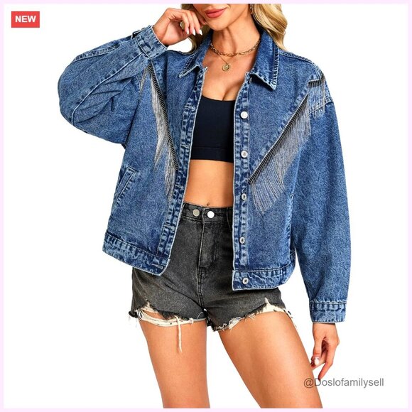 Jackets & Blazers - Oversized Fringed Denim Jacket with Tassels, Metallic Sparkle, Distressed Wash